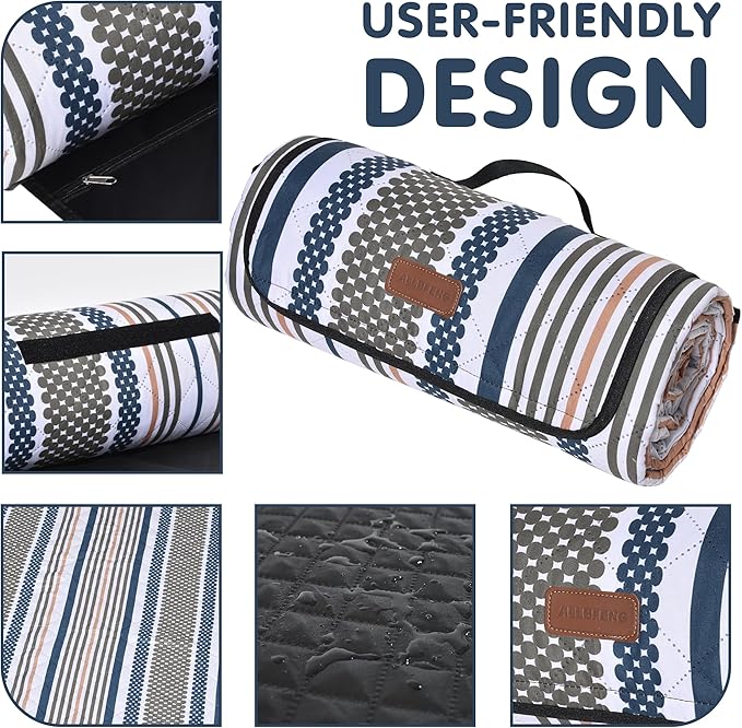 Oversized Waterproof Picnic Mat, Dustproof Washable Outdoor Beach Mat. Suitable for Camping, Outdoor, Beach, Party and Concert. (Dark Blue & Light Green, 80" * 60")