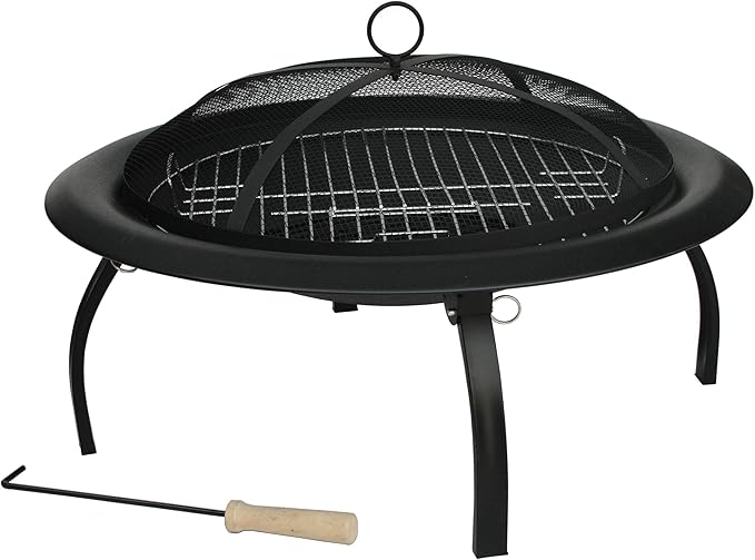 Fire Sense 60873 Fire Pit Portable Folding Round Steel with Folding Legs Wood Burning Lightweight Included Carrying Bag & Screen Lift Tool - Black - 22"