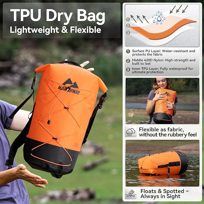 MARCHWAY Floating Roll Top Dry Bag, Flexible Lightweight TPU Waterproof Backpack 20L/30L/40L with Padded Straps for Boating, Kayaking, Swimming, Hiking, Beach (Orange, 30L)