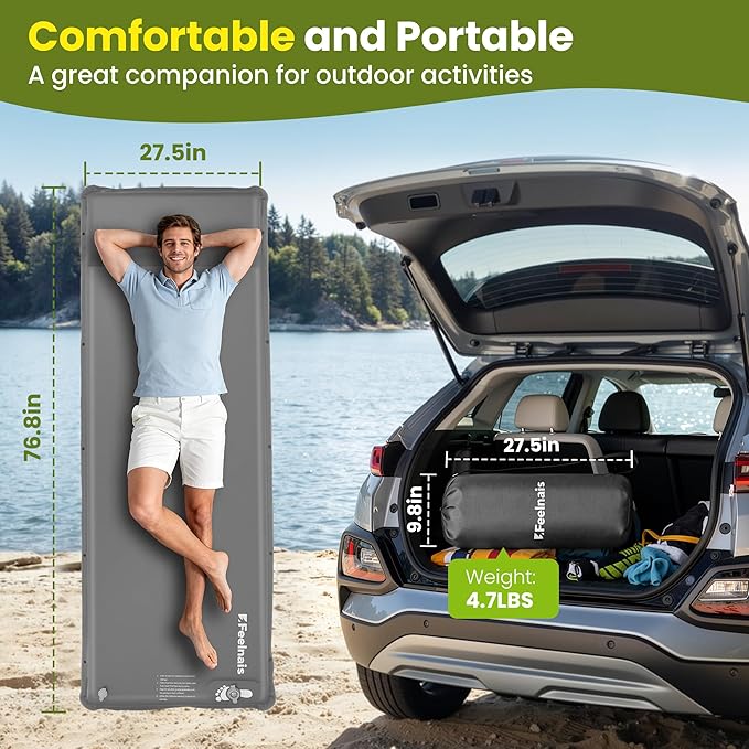Camping Sleeping Pad, Built-in Foot Pump Inflatable Sleeping Pads, Memory Foam Mattress with Pillow, 4 Season Camping Mattress Pad, Camping Essentials Gear for Tent, Car, Hiking - Grey