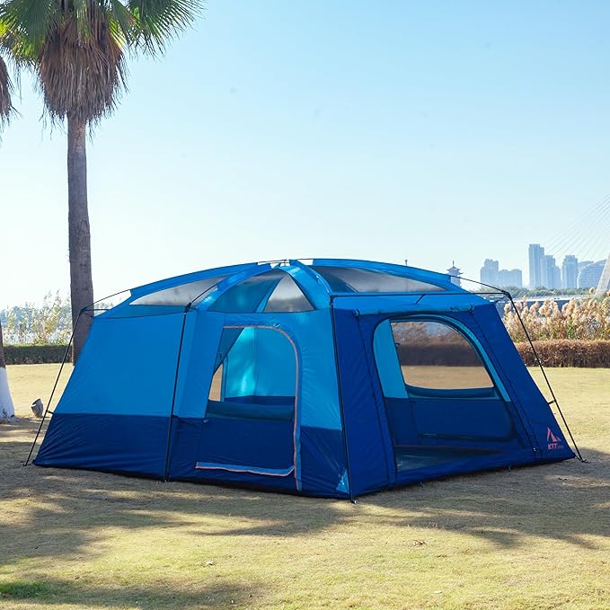 KTT Extra Large Tent 6-10-12-14 Person(B),Family Cabin Tents,2 Rooms,3 Doors and 3 Windows with Mesh,Straight Wall,Waterproof,Double Layer,Big Tent for Outdoor,Picnic,Camping,Family Gathering