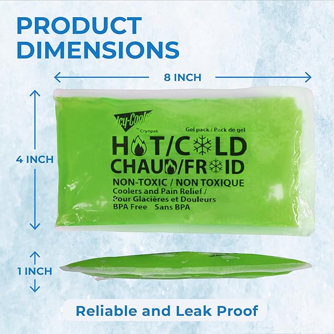 ICY-COOLS 3 Pack Reusable Hot or Cold Gel Ice Packs for Injuries, Multipurpose Ice Packs for Lunch Boxes, Long-Lasting Cold Therapy for Pain Relief, 4 x 8 Inches (Green)