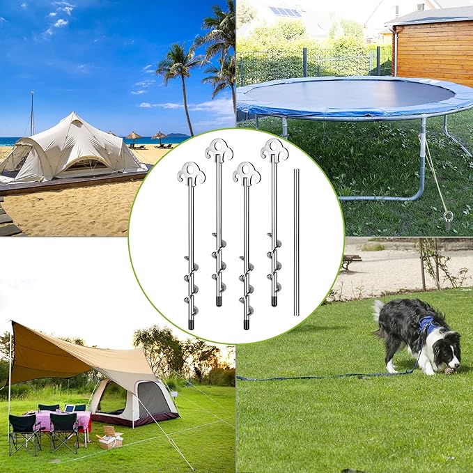 SELEWARE Heavy Duty Ground Anchors Tent Stakes Set of 4 Camping Stakes Trampoline Anchors Dog Tie Out Stakes, Twist Rod Included