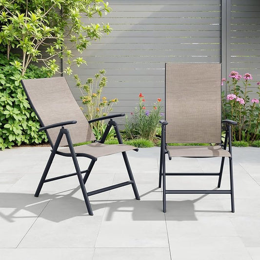 Crestlive Products Folding Patio Chairs Set of 2, Foldable Outdoor Dining Chairs 7-Level Adjustable Portable Recliner for Camping, Lawn, Pool, Backyard, Brown