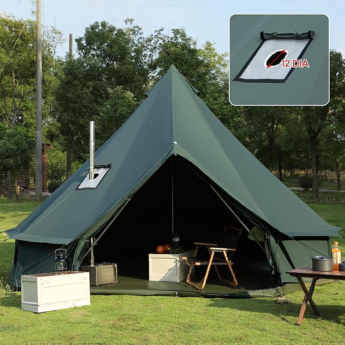 Bell Tent for Camping, Luxury Cotton Outdoor Tent, Yurt Canvas Tent with Stove Jack, for 4/6/8/10 Person Family 4 Season (19.7' (6M), Army Green)