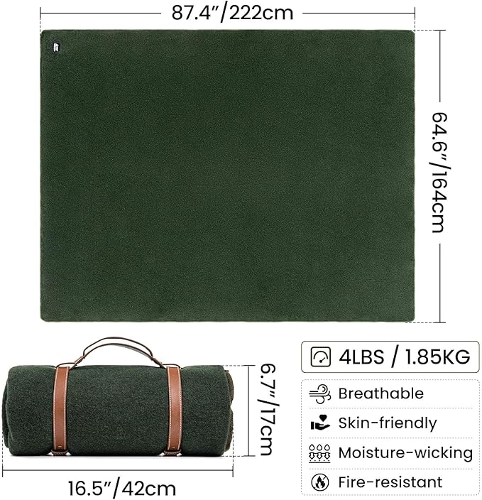 ONETIGRIS Wool Blanket, Camping Wool Blanket–Large, Cozy, Washable,Great for Camping,Outdoors,Car,Sporting Events, Bushcraft Survival Kits 64in x 87in