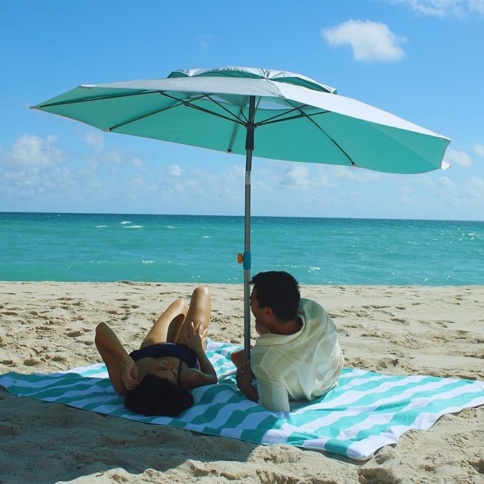 Plush Microfiber Beach Blanket, Extra Large Beach Mat for 3-6 Persons, Sandproof, Windproof | Hole for Umbrella, Corner Sand Pockets to Fight Wind (Bag for Blanket Included)