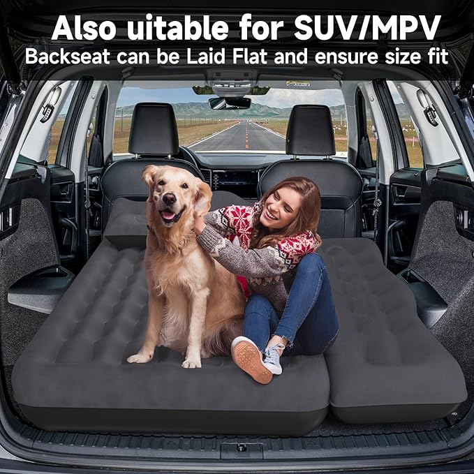 Back Seat Car Air Mattress: Inflatable SUV Car Camping Bed for Truck Van, Thickened Double-Sided Flocking Travel Car Sleeping Pad with Air Pump 2 Pillows