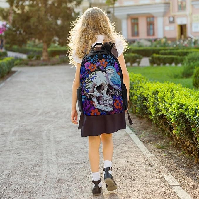 Shoulder Book Bags Anti-Theft Multipurpose Big Capacity Bookbag, Hippie Skull Florals Bird Art Travel Hiking Backpack With Smooth Zippers