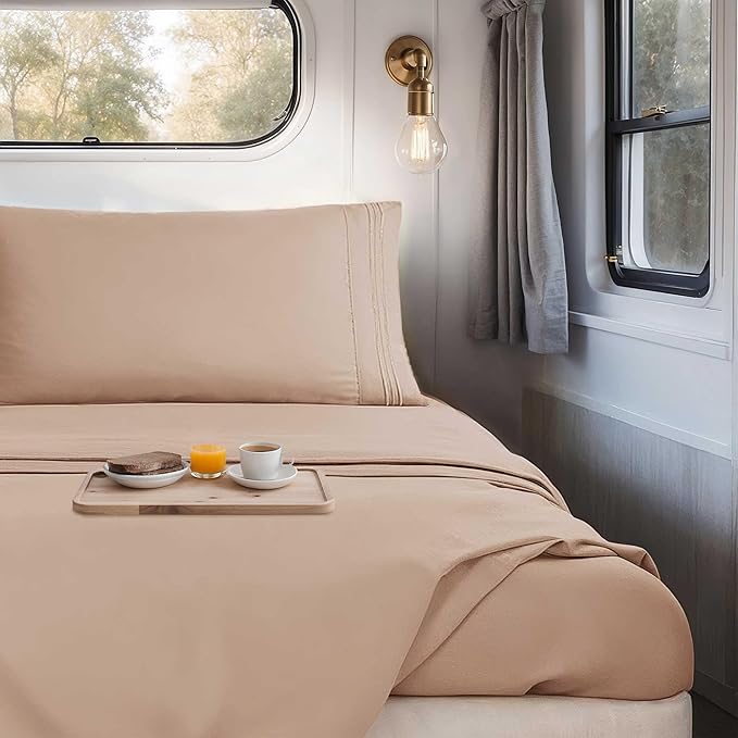 Hearth & Harbor Short Queen Sheets for RV, Khaki RV Queen Sheets, Silky Soft 1800 Microfiber Bed Sheet for Camper, 4 Piece RV Bedding with Pillowcases