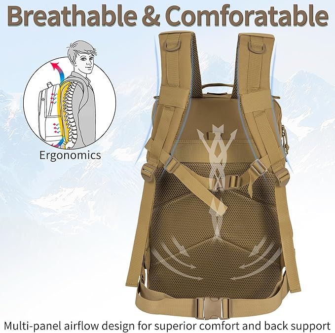 45L Military Tactical Backpack for Men, Large Molle Backpacks Outdoor Tactical Bag for Hiking Camping Travel (Khaki)
