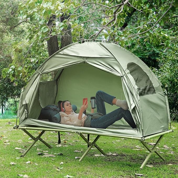 Portable Camping Cot for Adults,Folding Cot for Sleeping with Mattress, Elevated Tent and Sleeping Bag, Multifunctional Outdoor Tent Cot Bed 1 Person