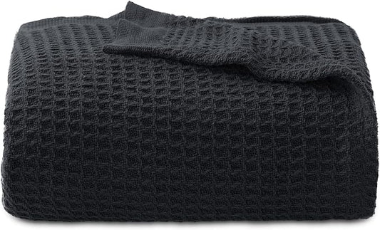 Bedsure Gentlesoft 100% Cotton Blanket Twin XL Size for College Dorm - Breathable and Soft, Waffle Weave Twin Blanket for Summer, Dorm Room Essentials, Black, 66x90 inches