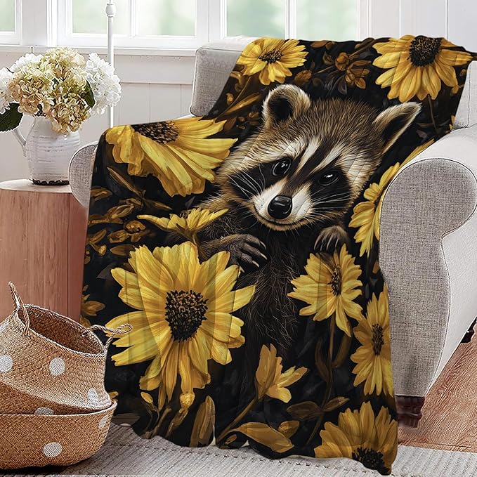Raccoon Blanket Cute Raccoon Lover Floral Animal Throw Blankets Gifts for Girls Boys Kids Soft Cozy Fleece Plush for Couch Sofa Bed 80"x60"