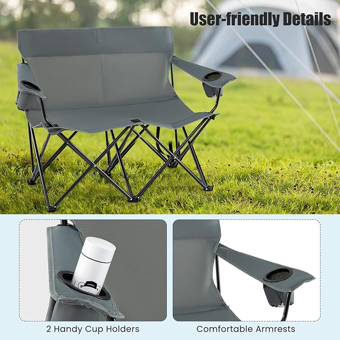 Goplus Double Camping Chair, Oversized Heavy Duty Camping Loveseat for Adults, Portable Folding 2 Person Camping Chair with Cup Holder for Outdoor Lawn Beach Backyard