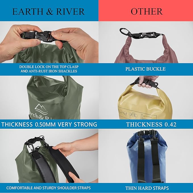 EARTH&RIVER Premium Waterproof Dry Bag Backpack, Extra Thick, Protection for All Water Activities & Camping, Floating Lightweight Dry Bag & IPX8 Waterproof Phone Case (Army Green, 10L)