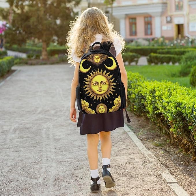 Polyester Daypack for Camping Travel Walking Cycling, Big Capacity Anti-Theft Multipurpose Bookbag, Sun Crescent Moon Stars Astrology Tarot Cards Camping Outdoor Backpack