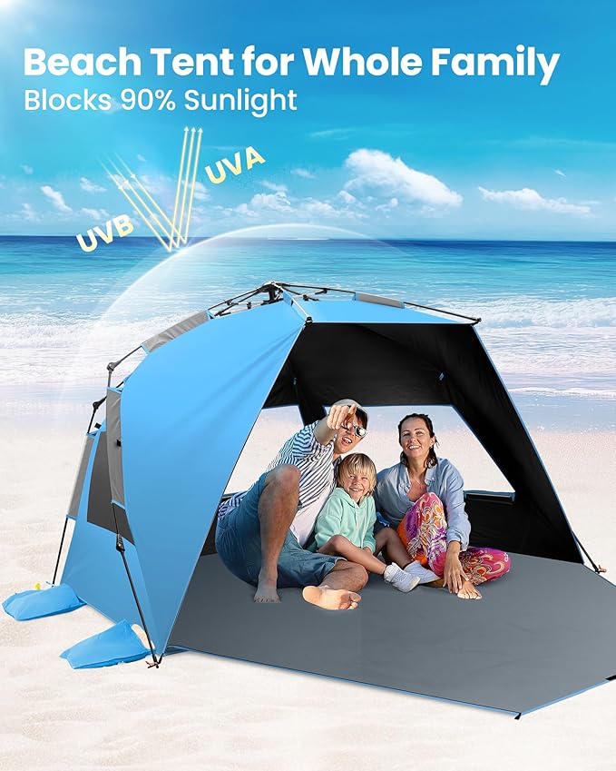 OutdoorMaster Beach Tent with Blackout Shelter Technology, Portable Sun Shade Shelter 4 Person, Pop Up Beach Tents with UPF 50+ UV Protection, 9.5mm Thick Pole, 3 Ventilating Mesh Windows -Blue