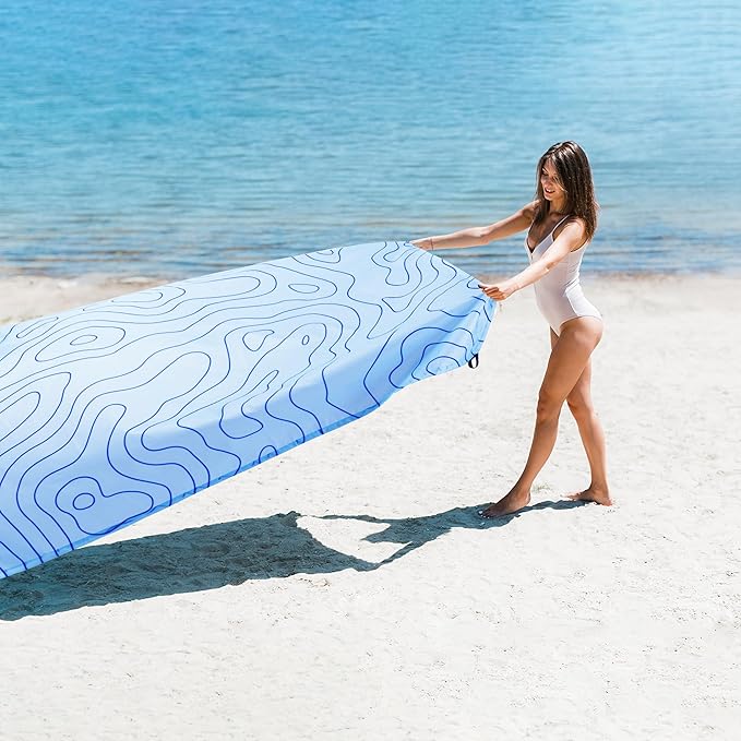 Beach Blanket Waterproof Sandproof, 78''×86'' Large Sand Free Picnic Blanket for 1-4 Adults, Big Foldable Blue Beach Travel Mat with 4 Stakes & Corner Pockets for Outdoor, Grass, Park, Patio