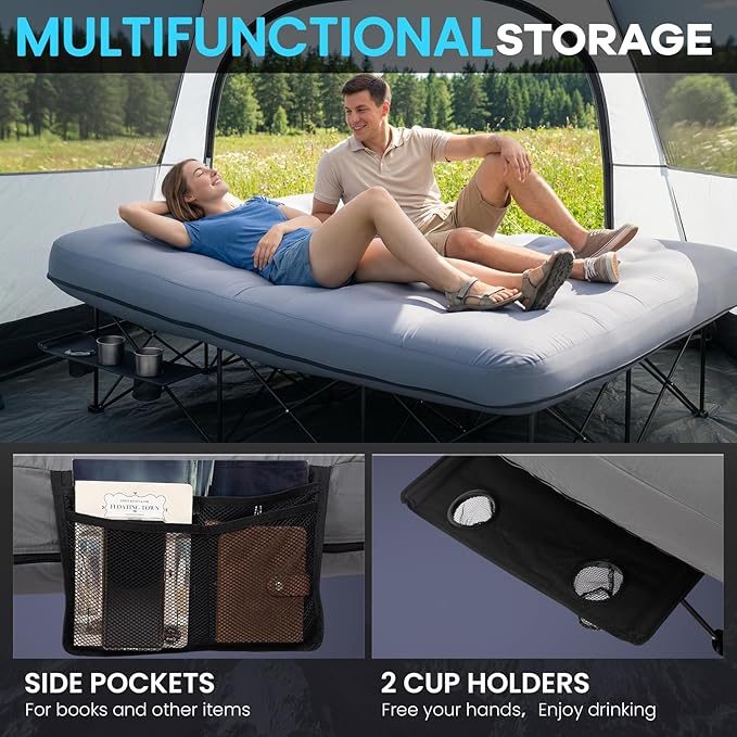 FUNDANGO Queen Camping Cot with Electric Pump, 2 Person Inflatable Air Mattress with Folding Frame, Portable Camping Bed with Cup Holders & Removable Cover for Adults, Tent Guest, Carry Bag Included