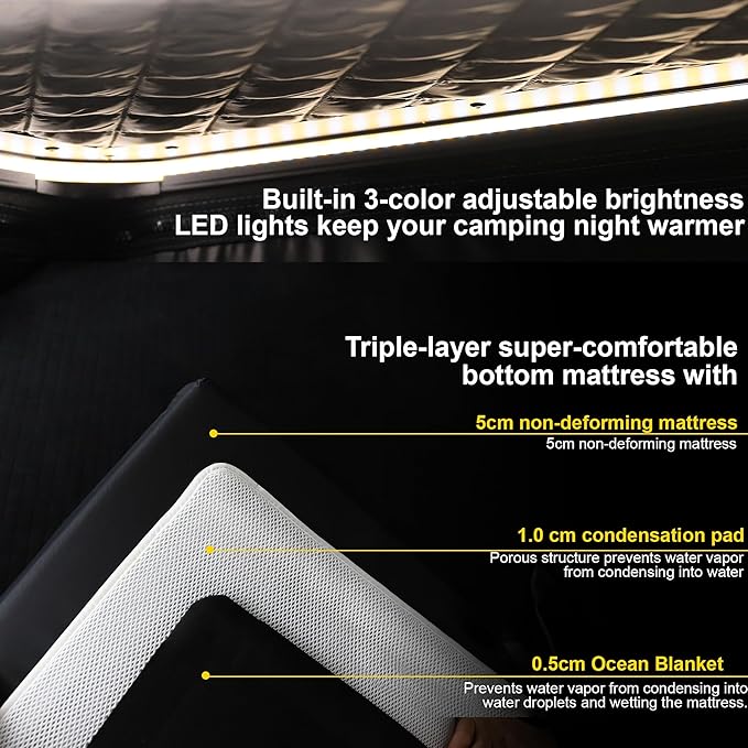 Naturnest Polaris Hardshell Rooftop Tent with 2 Luggage Racks, Car Roof Top Tent with AC Inlets, 3-Color LED Lights and Internal USB Plug for Vans, Jeeps, SUVs and Trucks, 2-3 Person Tents