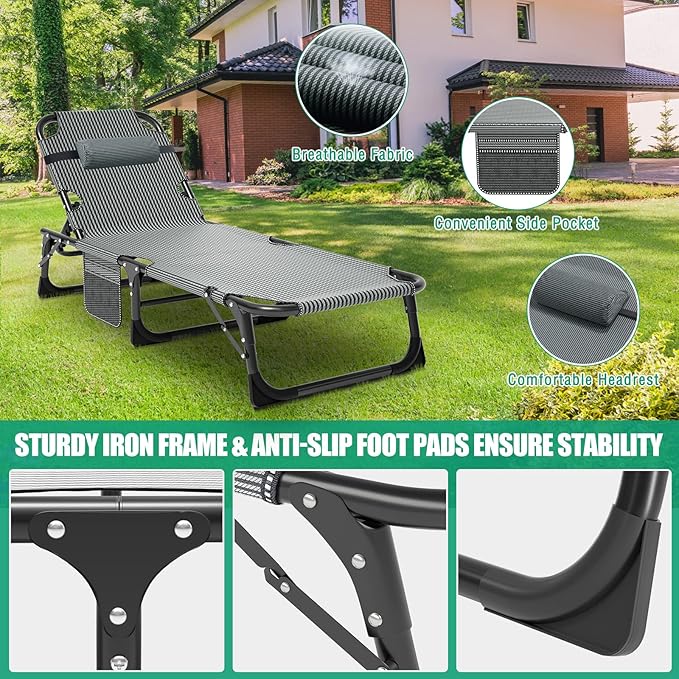 LILYPELLE Lounge Chair with Mattress, Heavy Duty Outside Lounge Chair Outdoor Portable Folding Lounge Chairs Sleeping Cots Bed for Camping, Pool, Beach, Patio