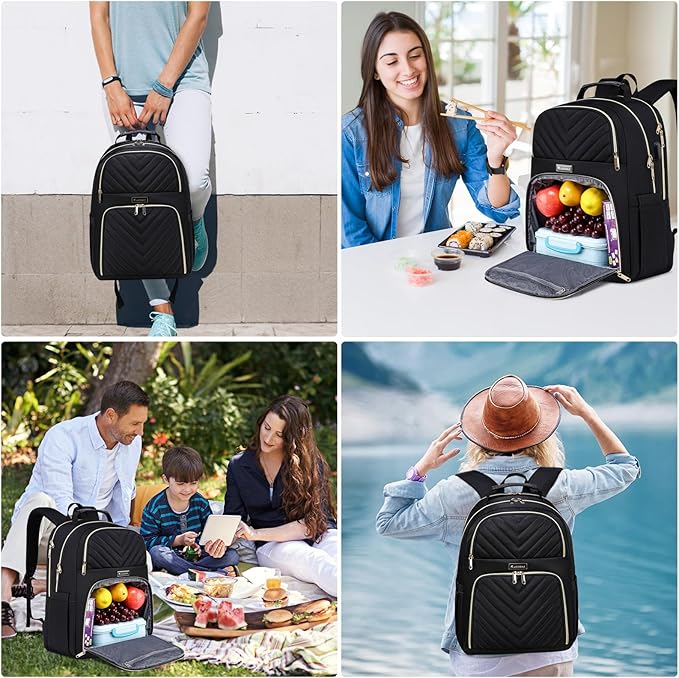Lunch Backpack for Women, Water Resistant Insulated Cooler Lunch Bag, 15.6 inch Laptop Backpacks with USB Port, Picnic Backpack with Lunch Box for College Work Camping Beaches, Black