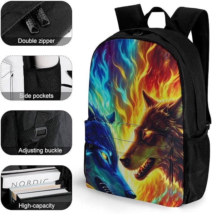 Supdreamc Men Women Polyester Ice And Fire Flaming Cool Wolf Daypack Big Capacity Shoulder Bag With Smooth Zippers for Hiking Work Walking Cycling