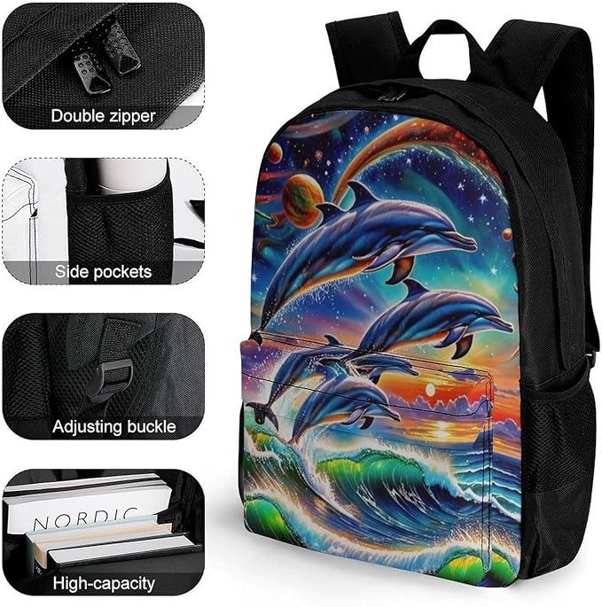 Men Women Lightweight Dolphin Mural Fantastic Universal Dolphins Daypack Bookbag Big Capacity Carry On Bag With Side Pockets for Camping Travel Bicycle