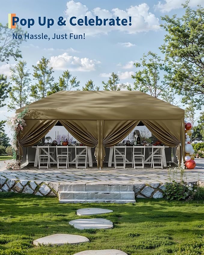 10x 20 Ft Pop Up Canopy Tent Outdoor Canopy One-Person Set Up Heavy Duty Commercial Instant Tent,Brown