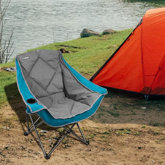 CAMPHILL Folding Camping Chair,Oversized Portable Camping Chair with Cup Holder,Heavy Duty Padded Lawn Chair for Camping,Tailgates,Beach,and Sports,Lake Blue