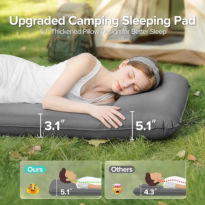 Self-Inflating Sleeping Pad for Camping, 3.1" Ultra-Thick Outdoor Camping Mat with Pillow & 9.5 R-Value, Insulated All-Season Foam Camping Mattress for Camping Travel Tent Car