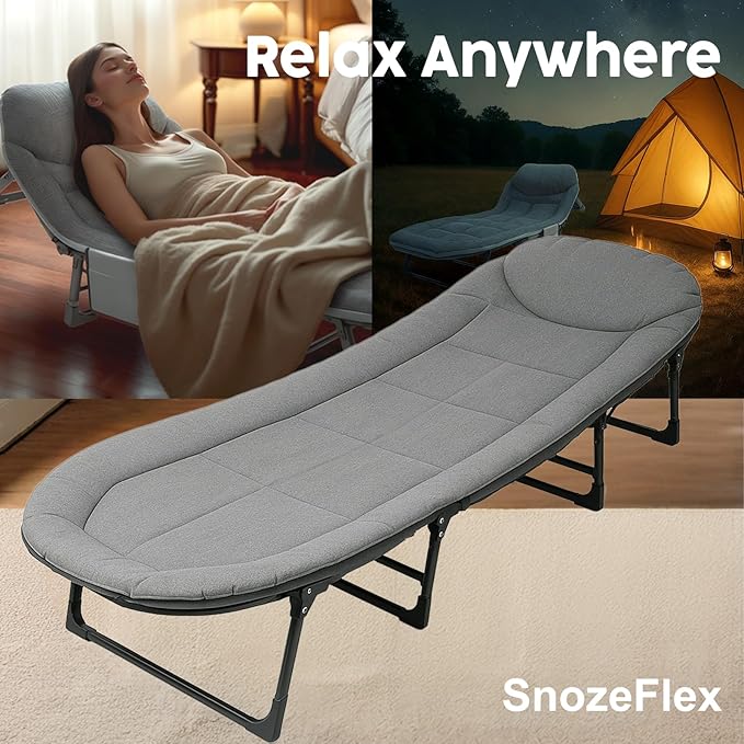 Chaise Lounge Chair, Folding Cot, 6-Angle Adjustable Camping Cot with Mattress for Patio and Beach, Foldable Bed Portable Heavy Duty Lay Flat Reclining with Pillow (Grey, L - 75'')