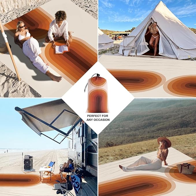 Large Waterproof Sandproof Beach Blanket for 4 Adults, Outdoor Beach Mat with 4 Stakes, 210T Polyester Lightweight Foldable Picnic Blanket Accessories Must Haves for Travel, Camping, Hiking