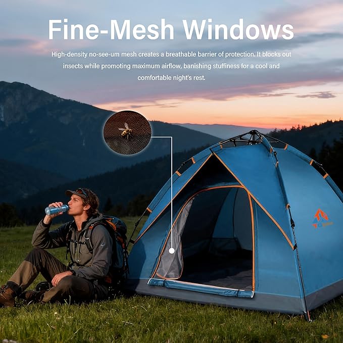 Quick Set Up Waterproof 4-Person Camping Tent with Bug Netting - Instant Pop-Up Tent for Family Camping & Hiking | All-Weather 4-Season Outdoor Shelter