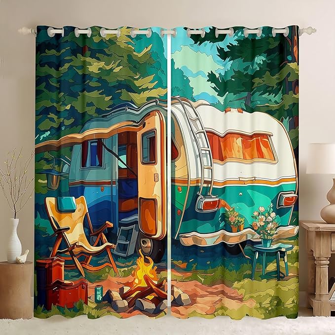 Camper RV Trailer Window Drapes,Tent Bonfire Campfire Pine Tree Nature Blackout Curtains,Rustic Farmhouse Cabin Boys Girls Room Decor,Watercolor 2 Panels,42Wx63L inch