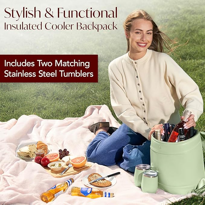 Insulated Cooler Backpack with 2 Stainless Steel Wine Tumblers – Leakproof & Spillproof Stylish Vegan Leather Picnic Cooler Bag – Lightweight & Portable – Holds 24 Cans or 6 Wine Bottles