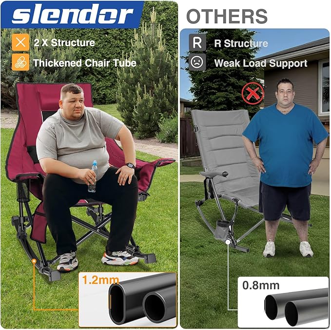 Slendor Heated Rocking Camping Chair with Padded & Pillow, 2000mAh Power Bank, 3 Adjustable Heat Settings, Oversized Camping Chair for Easy Setup and Foldable Storage, Red