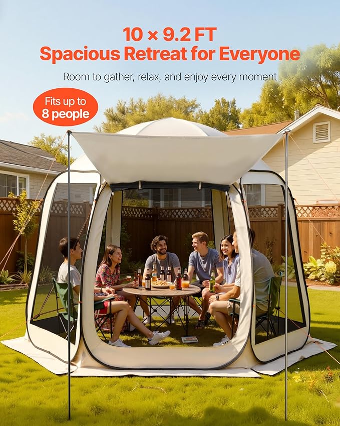 Pop Up Screen House Tent VEVOR 10 x 9.2 FT Pop-Up Screen Room with Awning, Portable Screen Tent Gazebo for 4–8 Person, Instant Screen Canopy with Carry Bag for Patio Backyard Camping