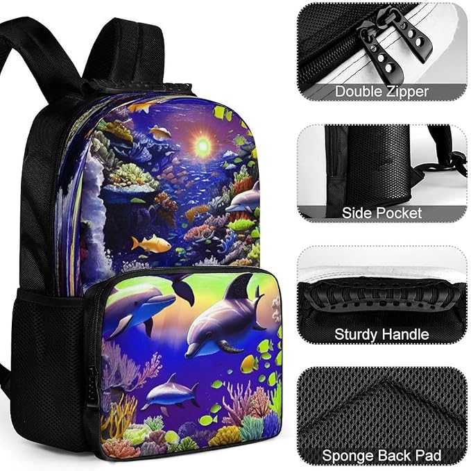 Lightweight Rucksacks for Camping Picnic Walking Cycling, Large Capacity Multipurpose Anti-Theft Carry On Bag, Magical Underwater World Of Dolphins And Fish Art Travel Hiking Camping Rucksack