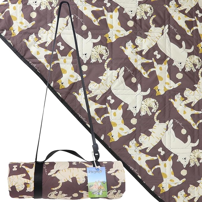 Outdoor Picnic Blanket Brown Cat&Dog 60"x80" Sandproof Beach Blanket Waterproof Picnic Blankets Foldable for Caming, Beach, Outdoor Activities.