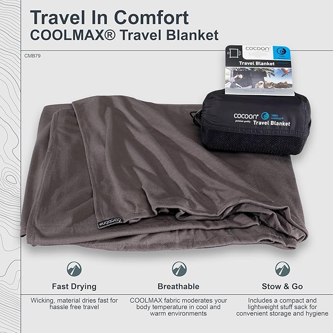 cocoon - Coolmax Travel Blanket | Compact Throw Blanket for Camping and Hiking | Fits in Backpack | Attaches to Luggage | Travel Essential | Fast Drying (Regular 70" x 55")