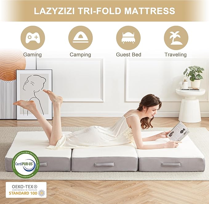 Folding Mattress, 6 Inch Memory Foam Tri-fold Mattress with Breathable & Washable Bamboo Fiber Fabric Cover, Foldable Floor Guest Bed for Camping, Road Trip, TwinXL