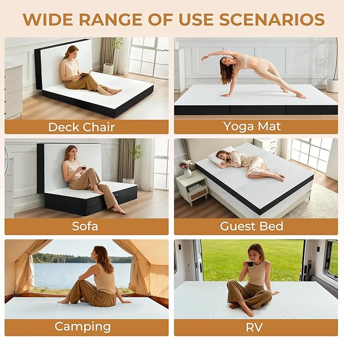 4 Inch Trifold Mattress, Full Size Foldable Memory Foam Mattress with Viscose Derived from Bamboo Washable Cover, Folding Mattress Topper Floor Bed for Camping, Guest, RV, Ventilated