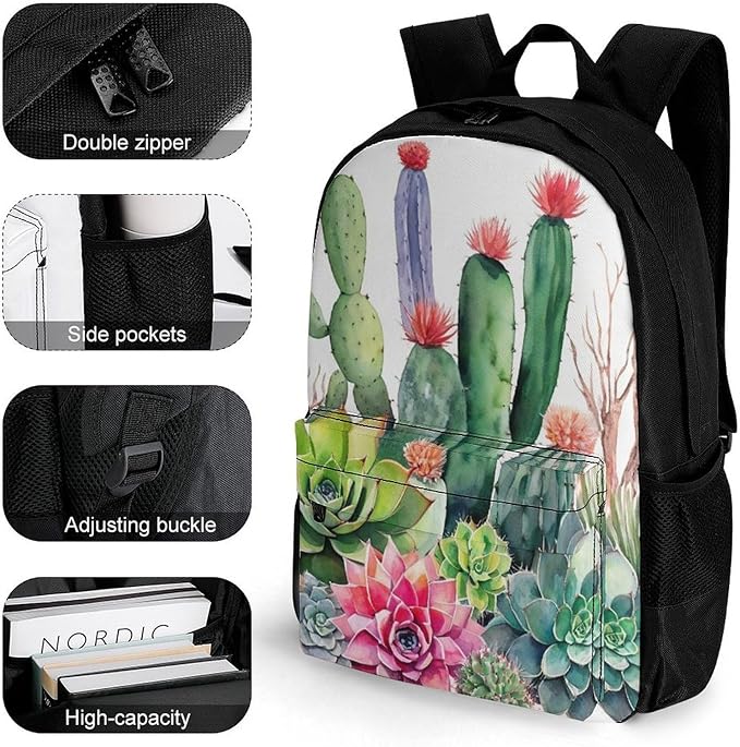 Men Women Lightweight Natural Cactus In Boho Style Flowers Twigs Cactus Backpack Large Capacity Carry On Bag With Padded Straps for Sports Work Walking Cycling