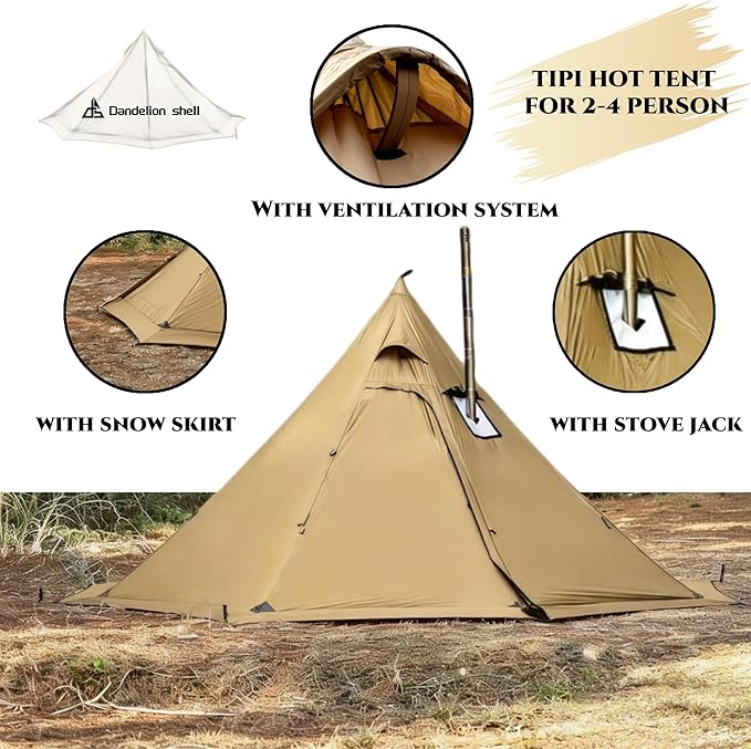 Hot Tent with Stove Jack – 4 Season Waterproof & Windproof Shelter for 1–4 People, Lightweight for Camping, Hiking, Hunting & Fishing