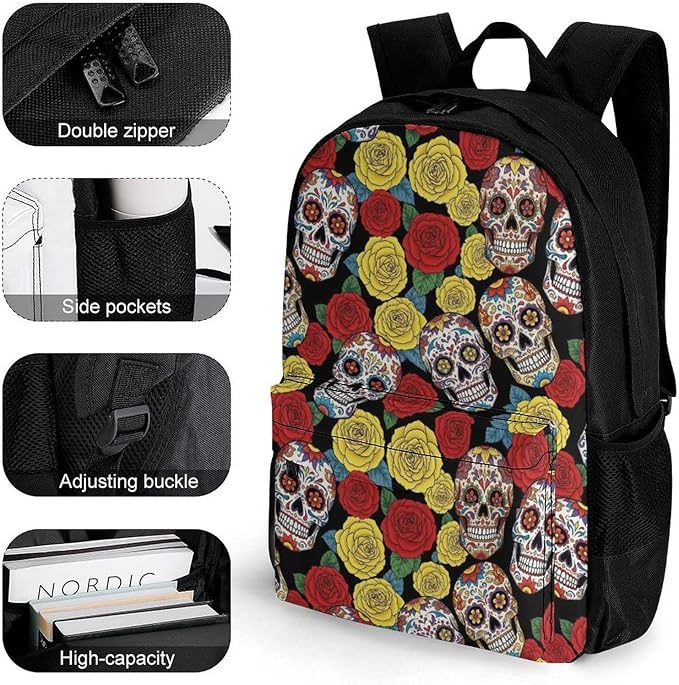 Lightweight Daypack Bookbag for Trekking Business Walking Cycling, Big Capacity Anti-Theft Multipurpose Carry On Bag, Mexican Day Dead Rose Sugar Skulls Art Business Computer Bag