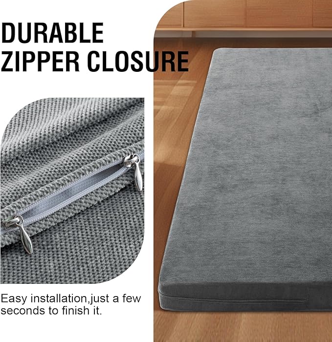 H.VERSAILTEX Queen Size Armless Futon Mattress Covers for Traditional Japanese Futon Mattress Soft Mixed-Color Chenille Couch Slipcovers Floor Mats Sofa Protector Zippered Sleeper Sofa Cover,Grey