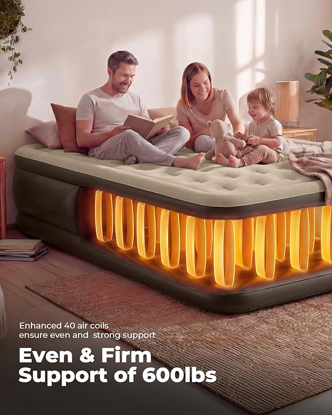 Air Mattress Full with Built in Pump,18'' Raised Blow Up Air Bed, 3 Mins Quick Self-Inflation/Deflation Inflatable Bed for Guests & Home, Outdoor Camping, 600lbs Max（Light Brown）