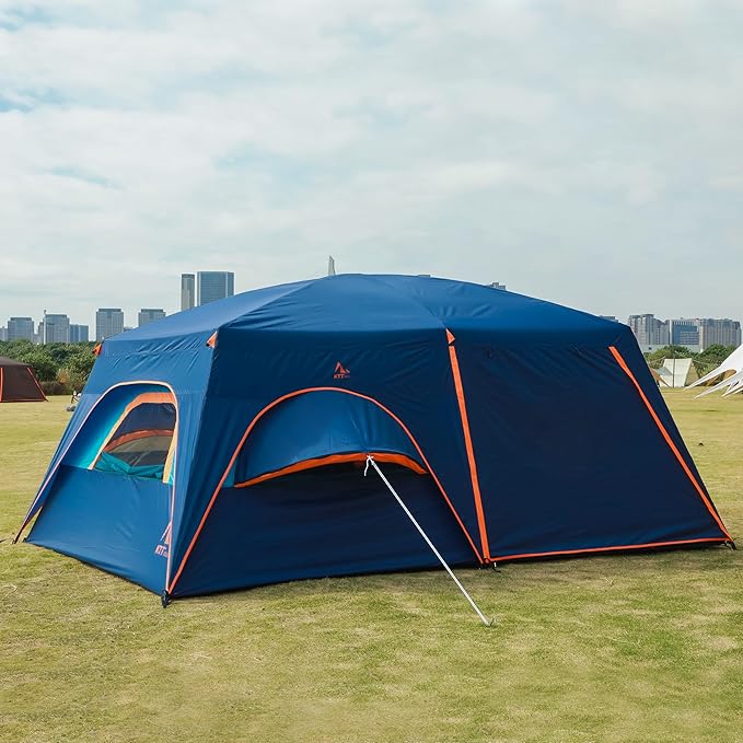 KTT Extra Large Tent 6-10-12-14 Person(B),Family Cabin Tents,2 Rooms,3 Doors and 3 Windows with Mesh,Straight Wall,Waterproof,Double Layer,Big Tent for Outdoor,Picnic,Camping,Family Gathering